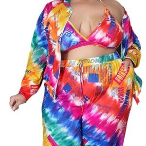 Plus Size 3pc (Jacket, Top & Pants) Set in Multi-Color Print